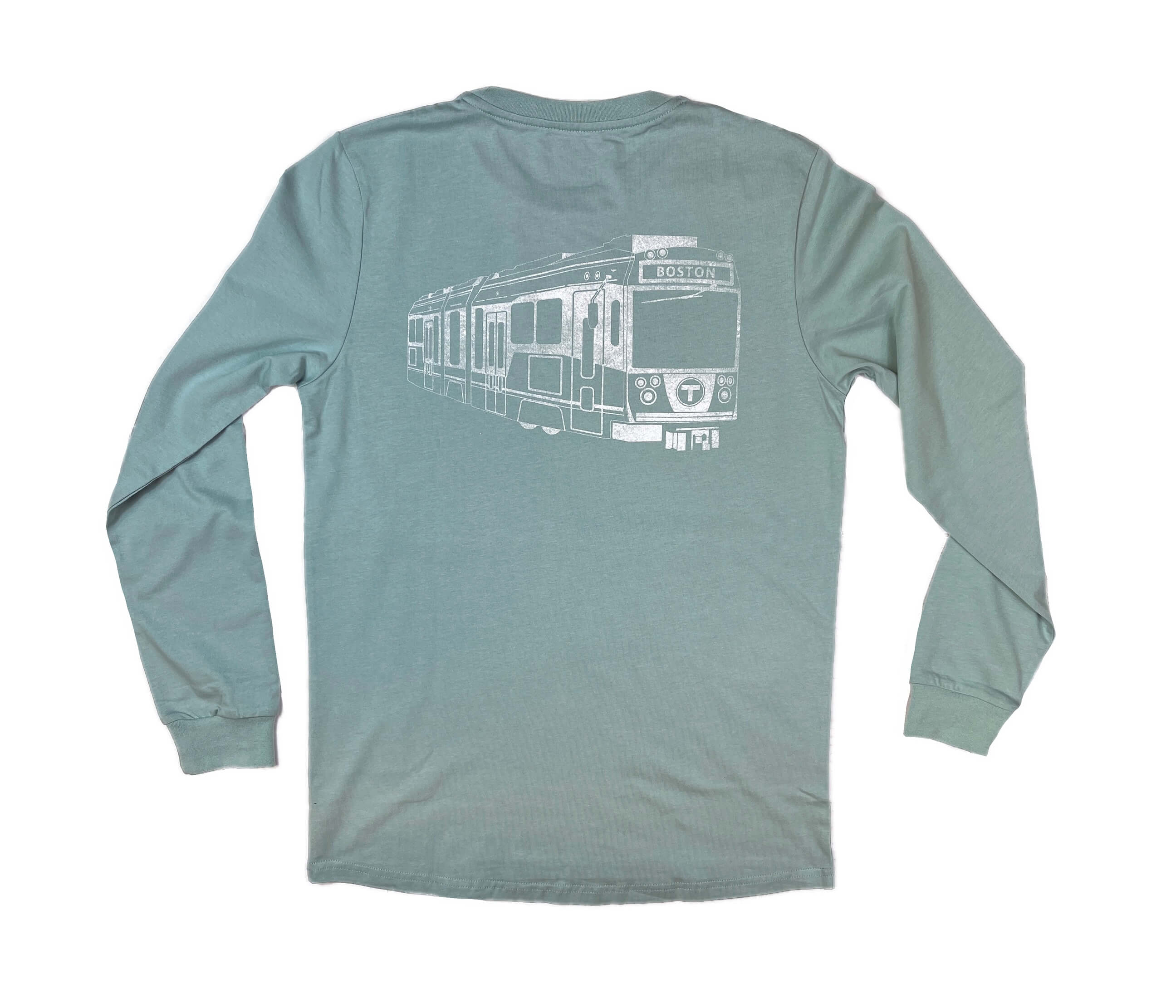 Adult size washed green long sleeve cotton t-shirt with Boston MBTA Green Line Type 9 Subway Trolley on the back